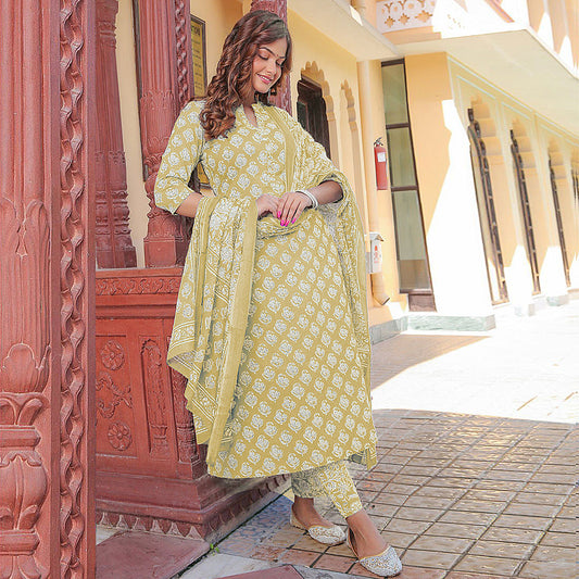 Light Yellow Collar Neck Printed Poly Rayon Kurta & Pant With Dupatta