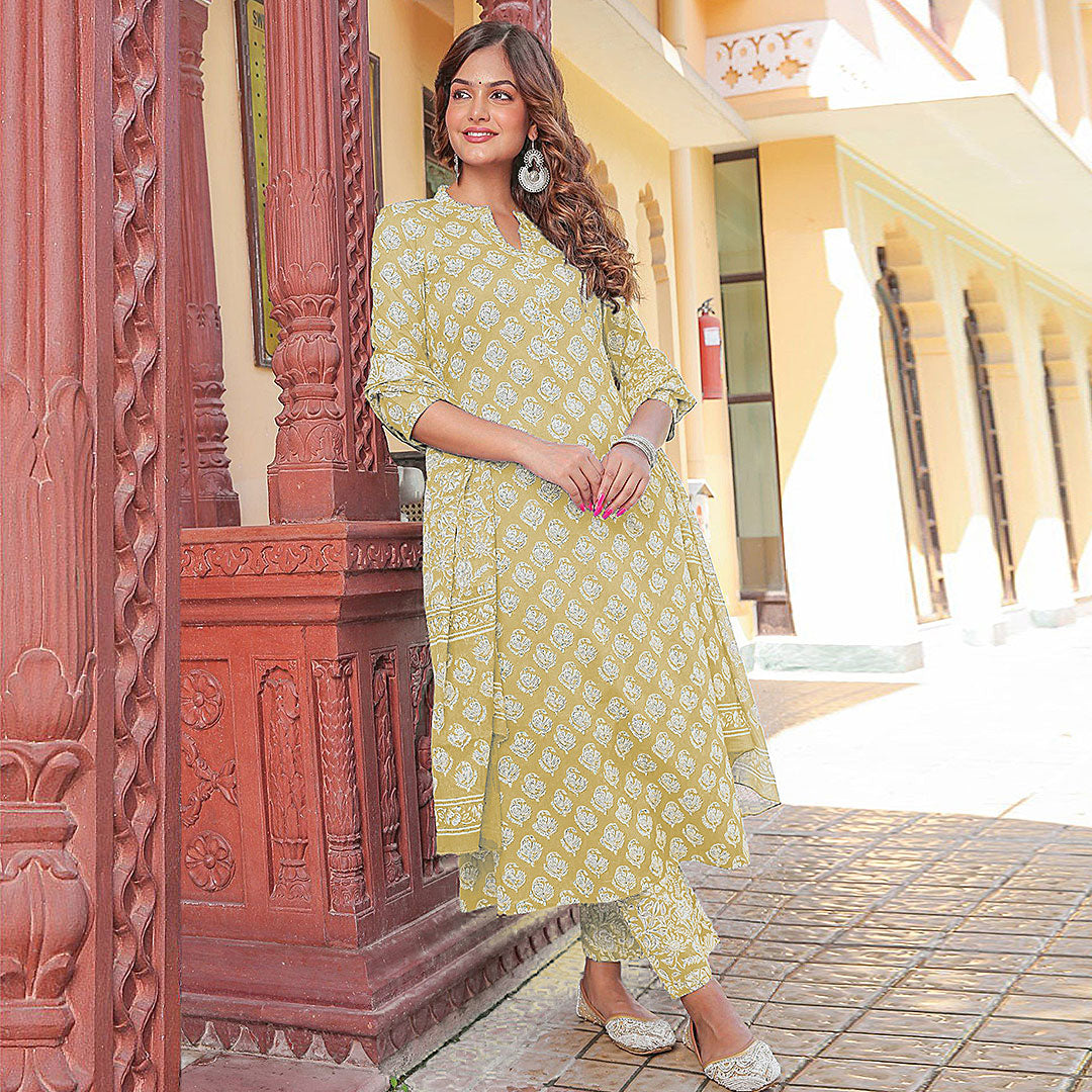 Light Yellow Collar Neck Printed Poly Rayon Kurta & Pant With Dupatta