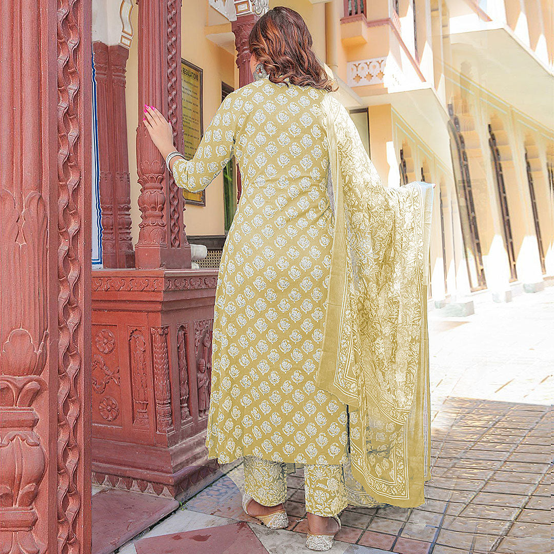 Light Yellow Collar Neck Printed Poly Rayon Kurta & Pant With Dupatta