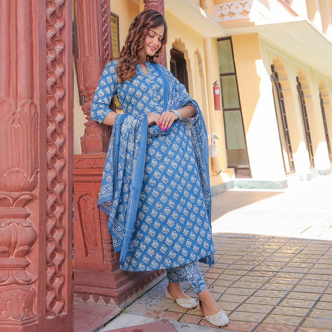 Floral Printed Regular A-Line Kurta with Trousers & Dupatta