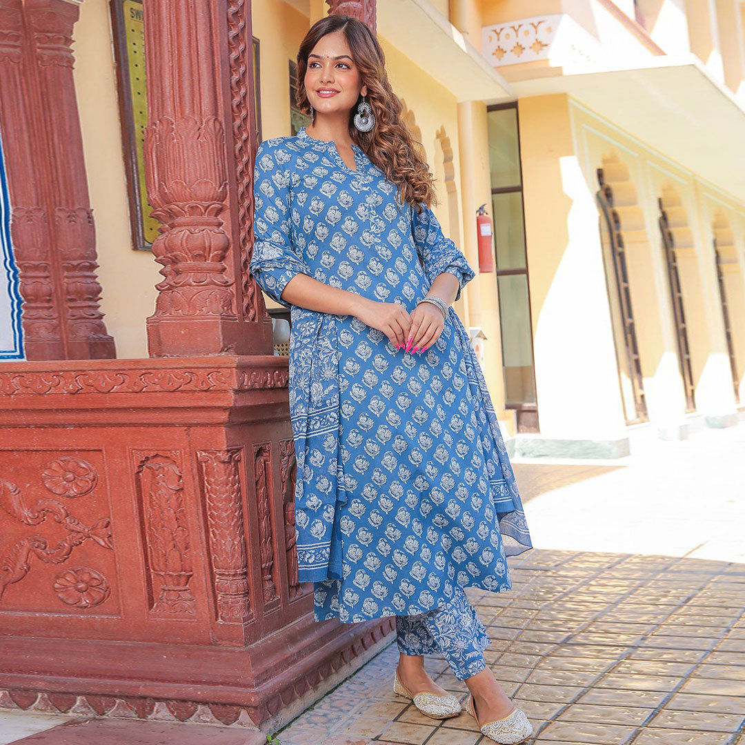 Floral Printed Regular A-Line Kurta with Trousers & Dupatta