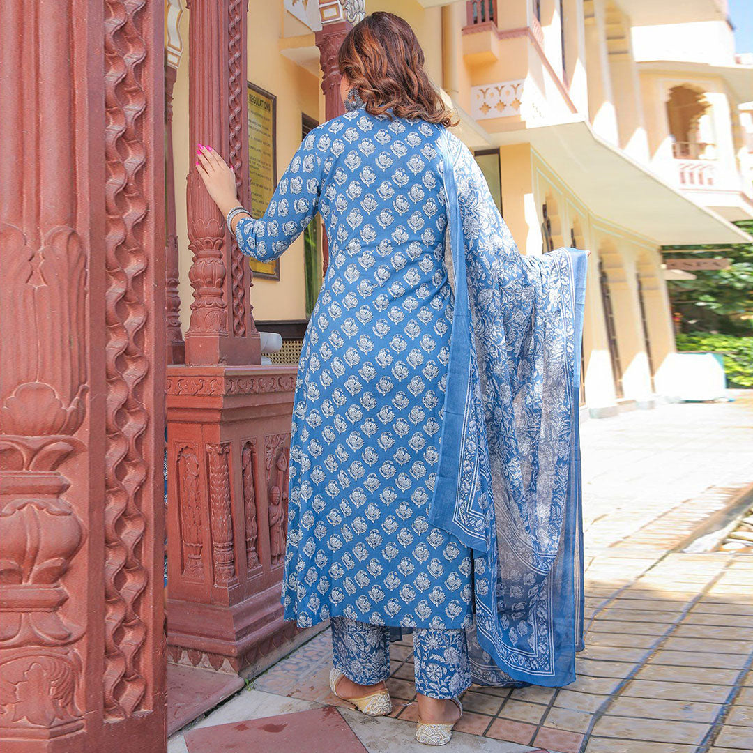 Floral Printed Regular A-Line Kurta with Trousers & Dupatta