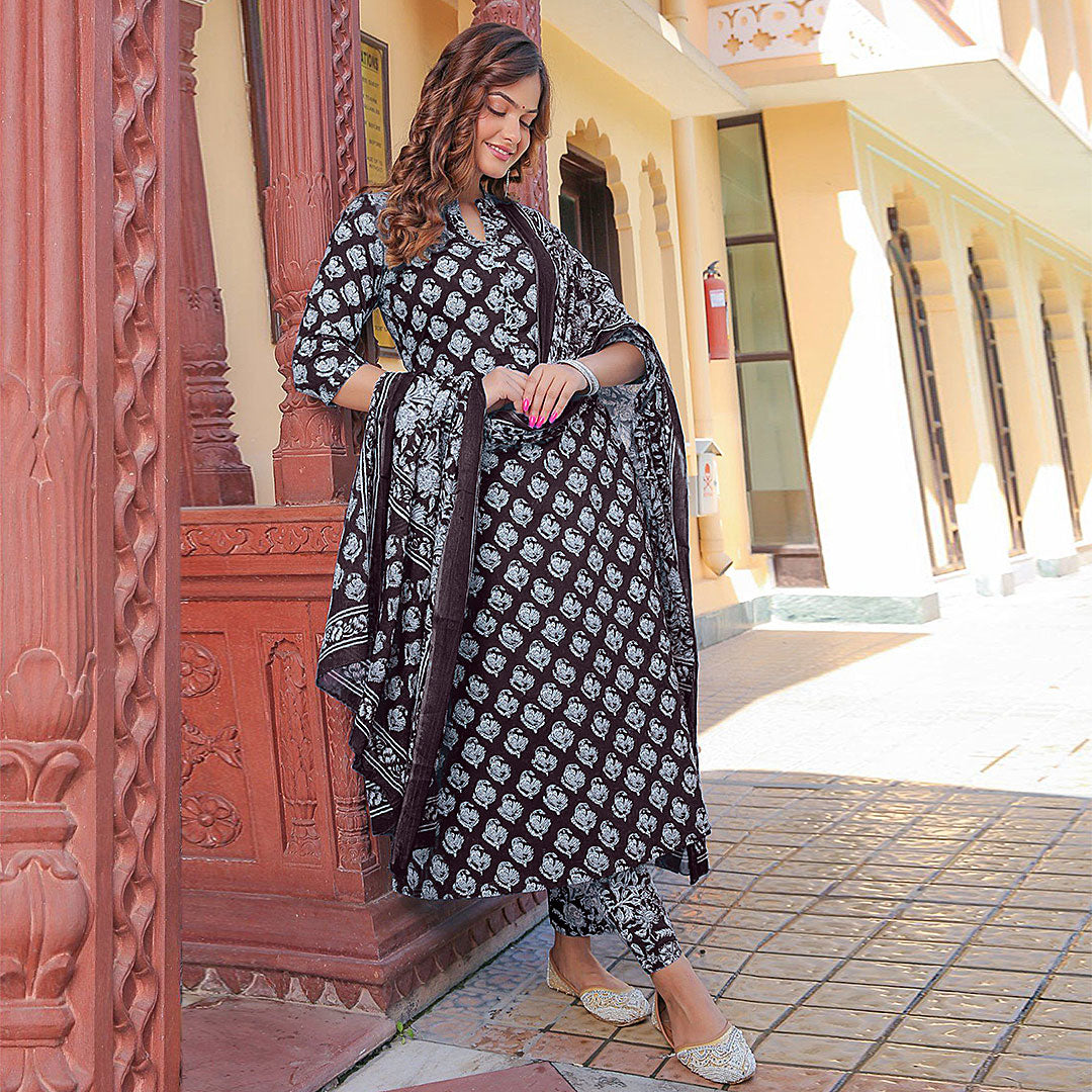 Wine Collar Neck Printed Poly Rayon Kurta & Pant With Dupatta