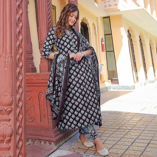 Wine Collar Neck Printed Poly Rayon Kurta & Pant With Dupatta