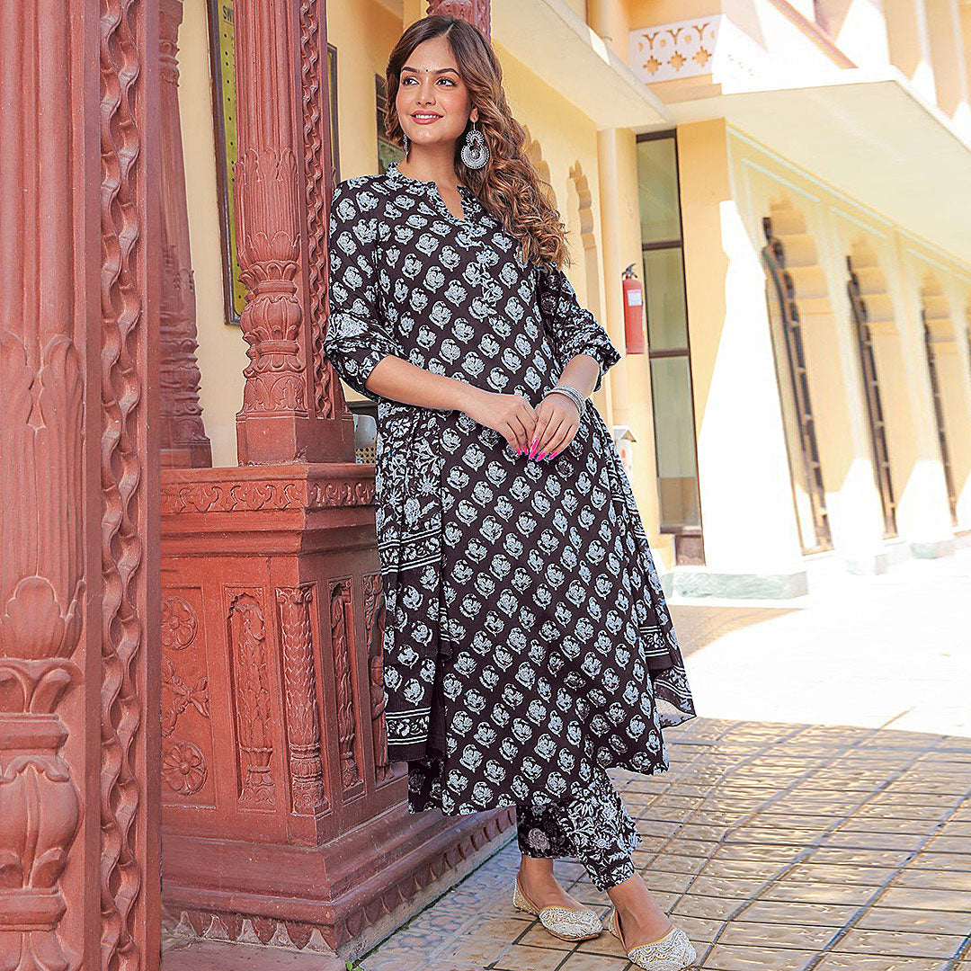 Wine Collar Neck Printed Poly Rayon Kurta & Pant With Dupatta