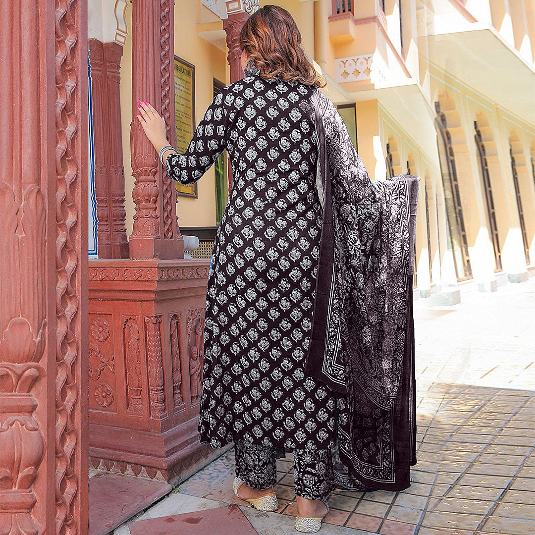 Wine Collar Neck Printed Poly Rayon Kurta & Pant With Dupatta