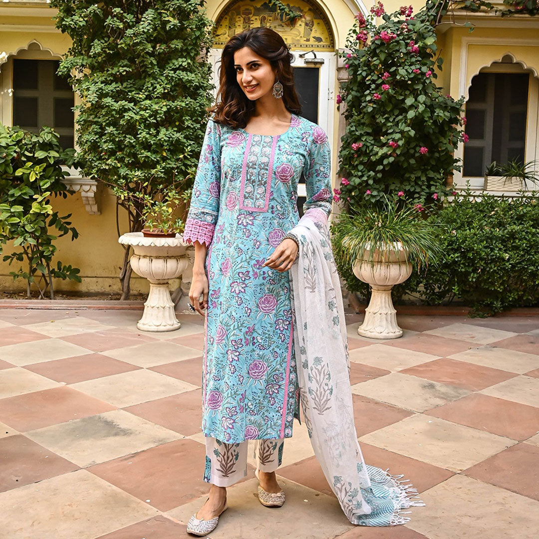 Floral Printed Regular Round Neck Viscose Rayon Kurta with Trousers With Dupatta