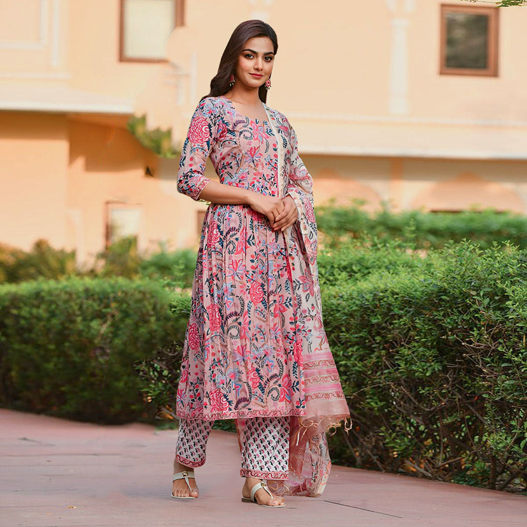 Floral Printed Empire A-Line Kurta with Trousers & Dupatta