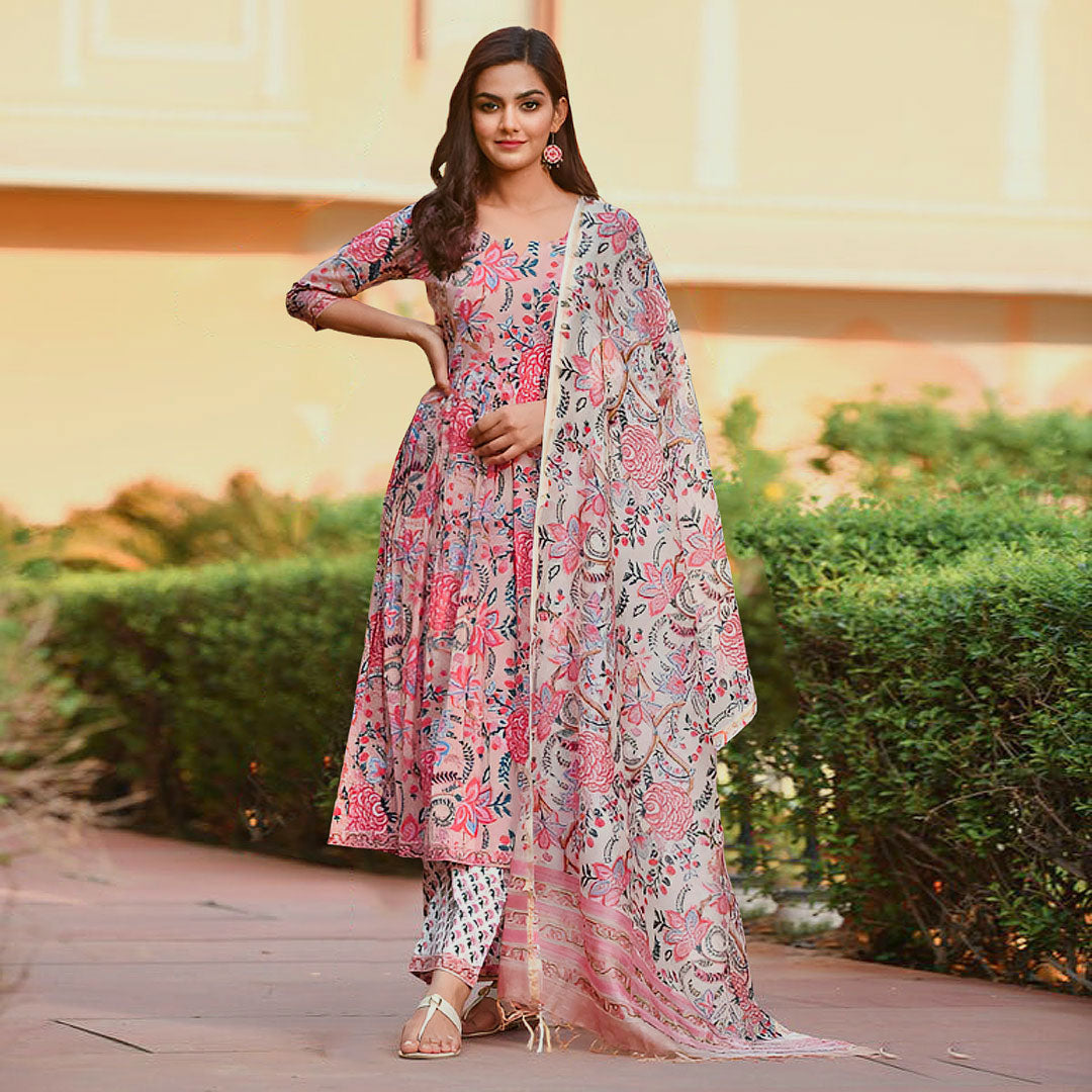 Floral Printed Empire A-Line Kurta with Trousers & Dupatta