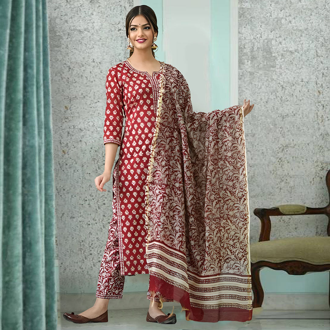 Maroon Floral Printed Notch Neck Straight Kurta with Trouser & Dupatta