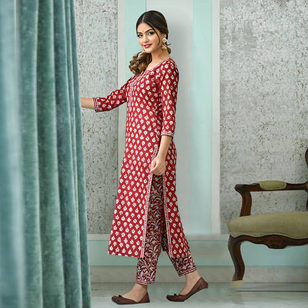 Maroon Floral Printed Notch Neck Straight Kurta with Trouser & Dupatta