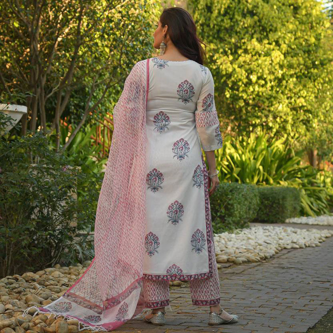 Pink Round Neck Printed Poly Rayon Kurta & Pant With Dupatta