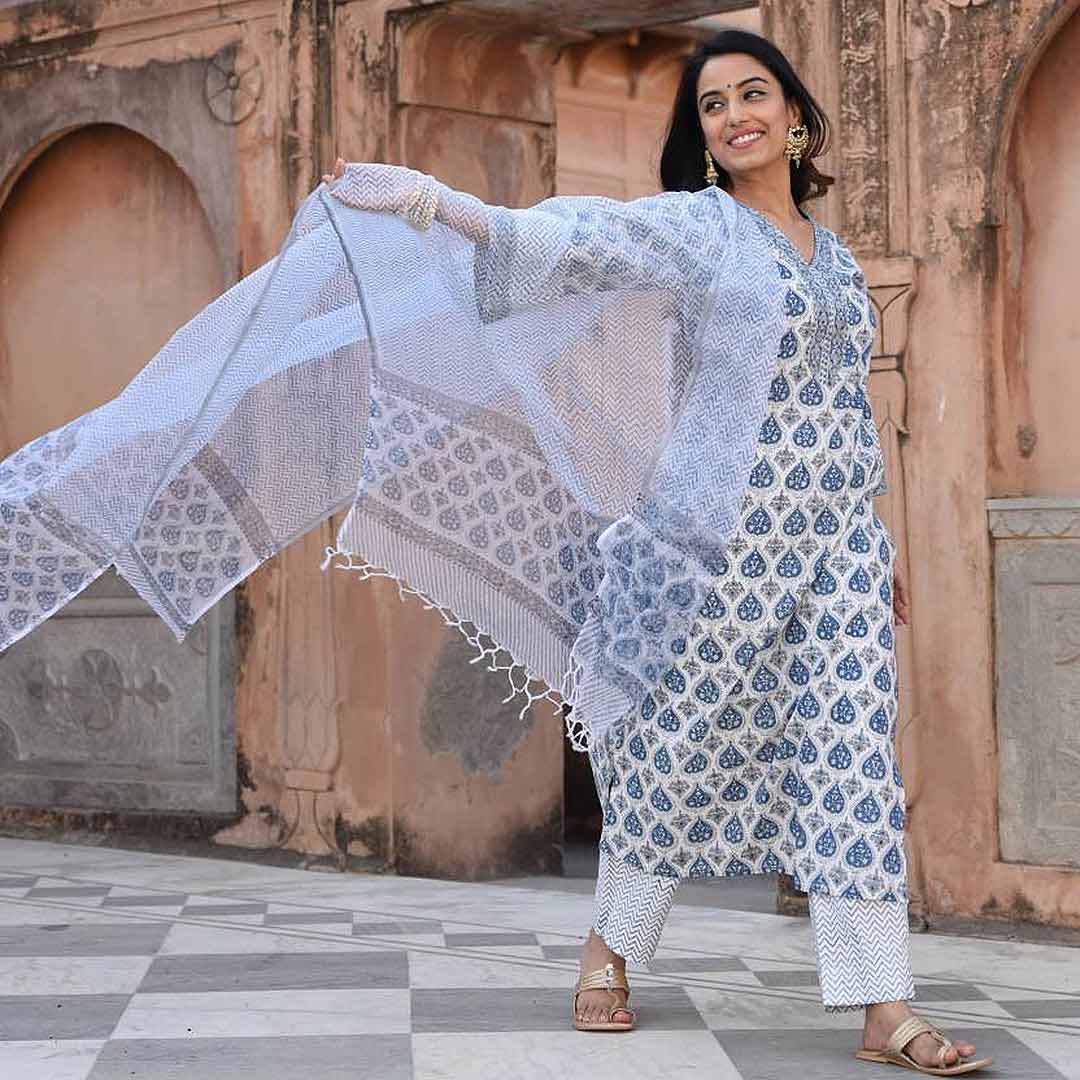 White V Neck Printed Poly Rayon Kurta & Pant With Dupatta