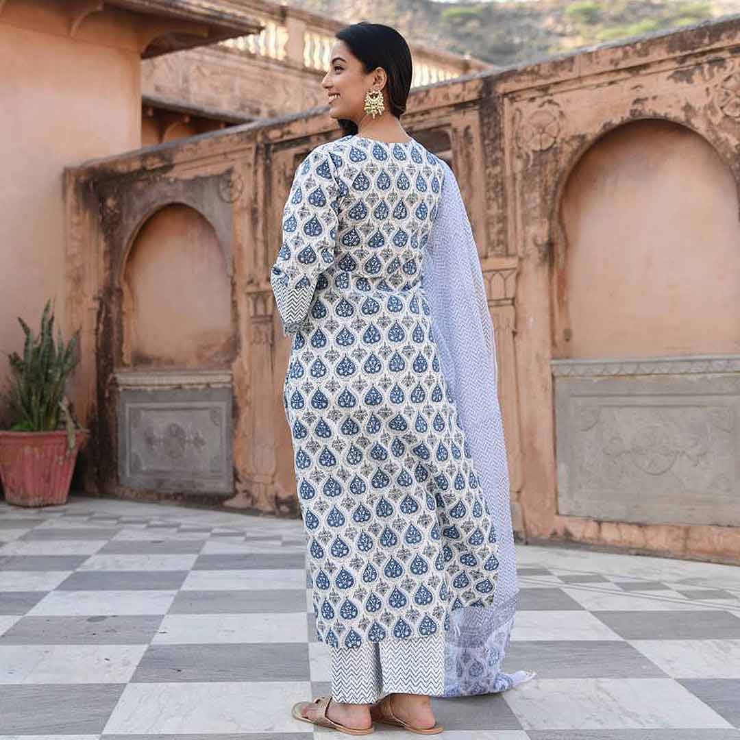 White V Neck Printed Poly Rayon Kurta & Pant With Dupatta