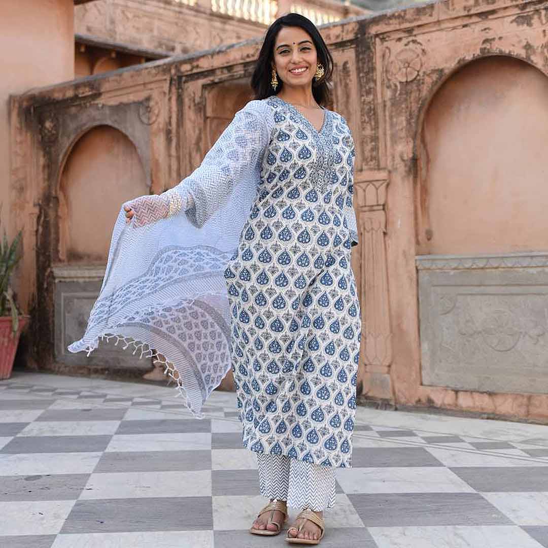 White V Neck Printed Poly Rayon Kurta & Pant With Dupatta