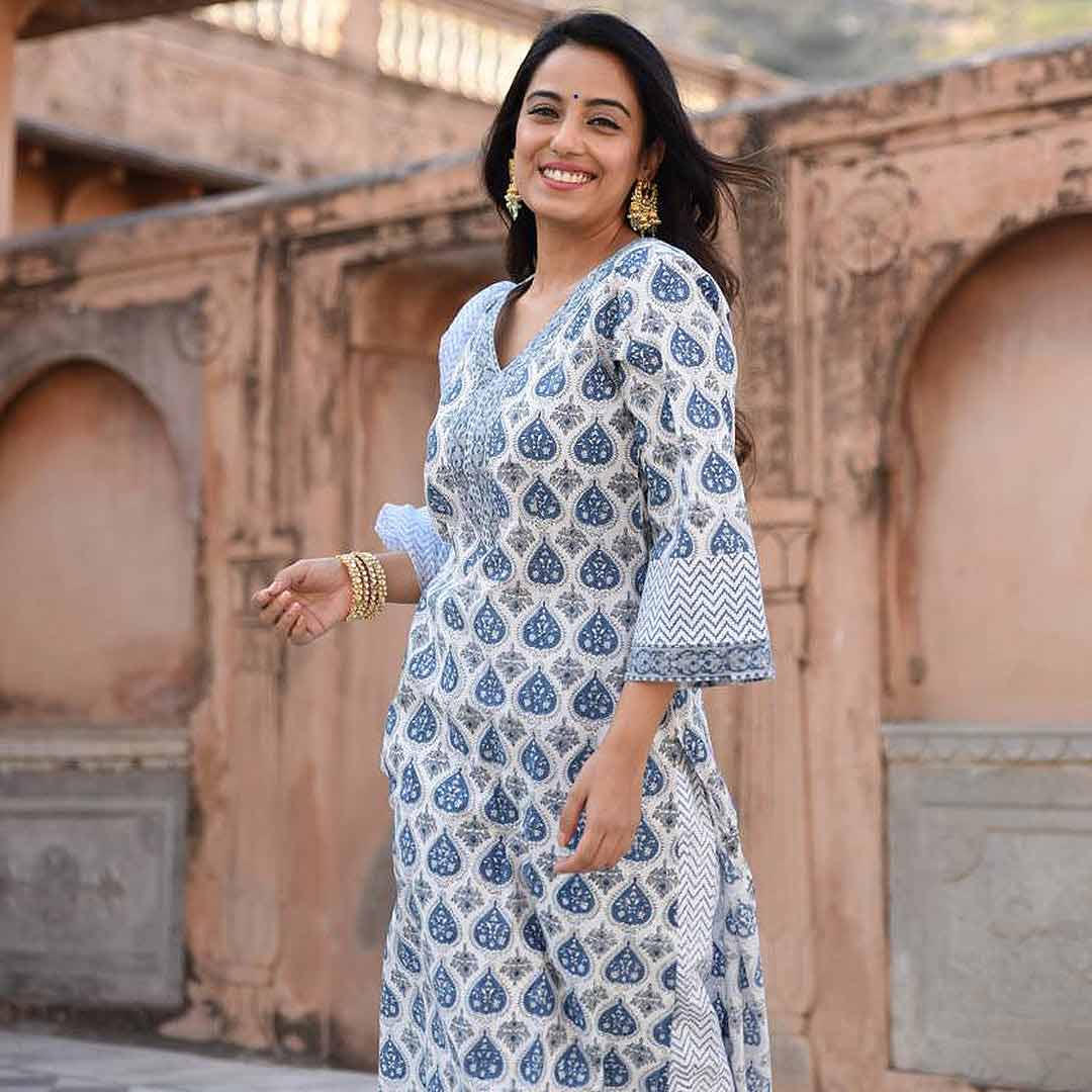 White V Neck Printed Poly Rayon Kurta & Pant With Dupatta