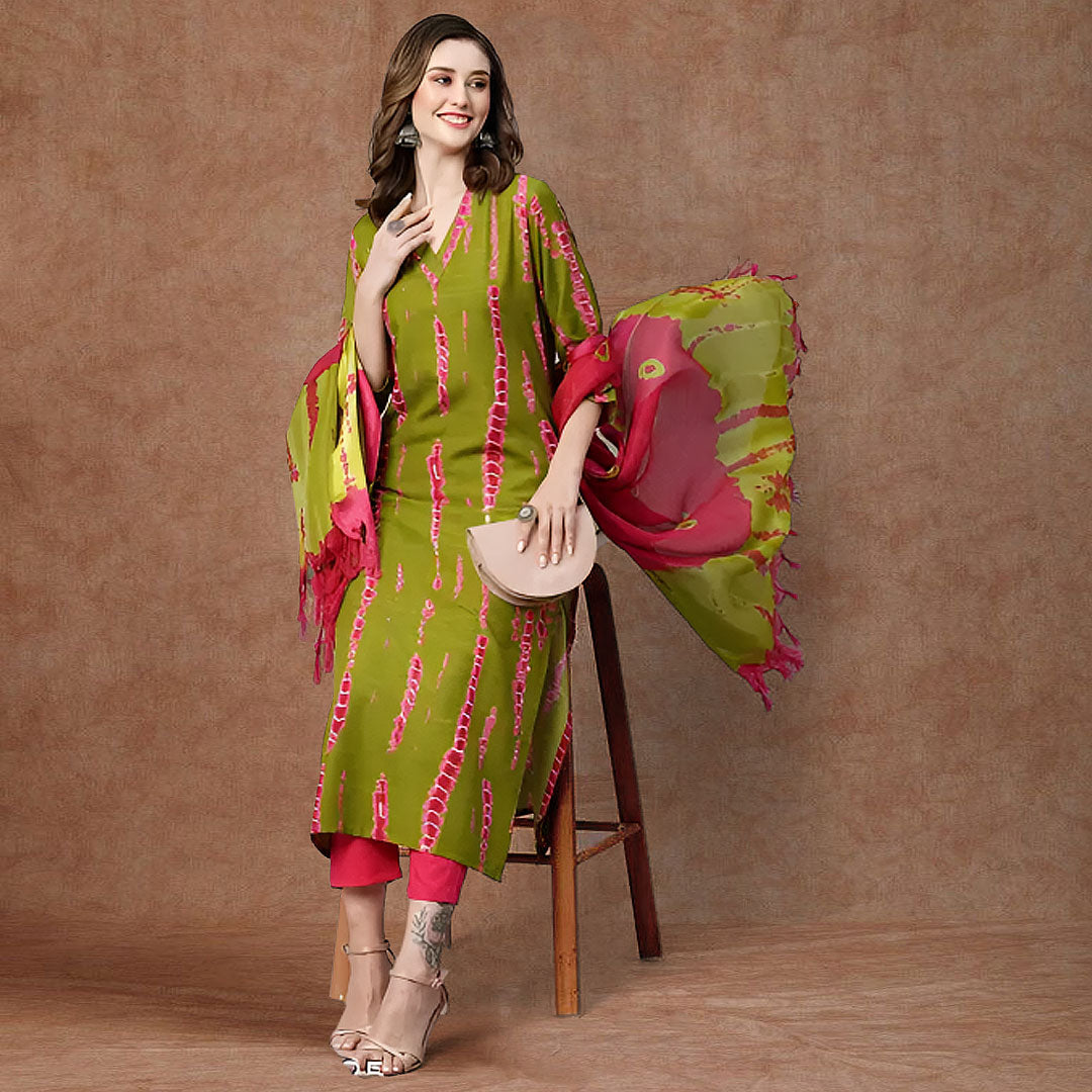 Green V-Neck Printed Poly Rayon Kurta & Pant With Dupatta