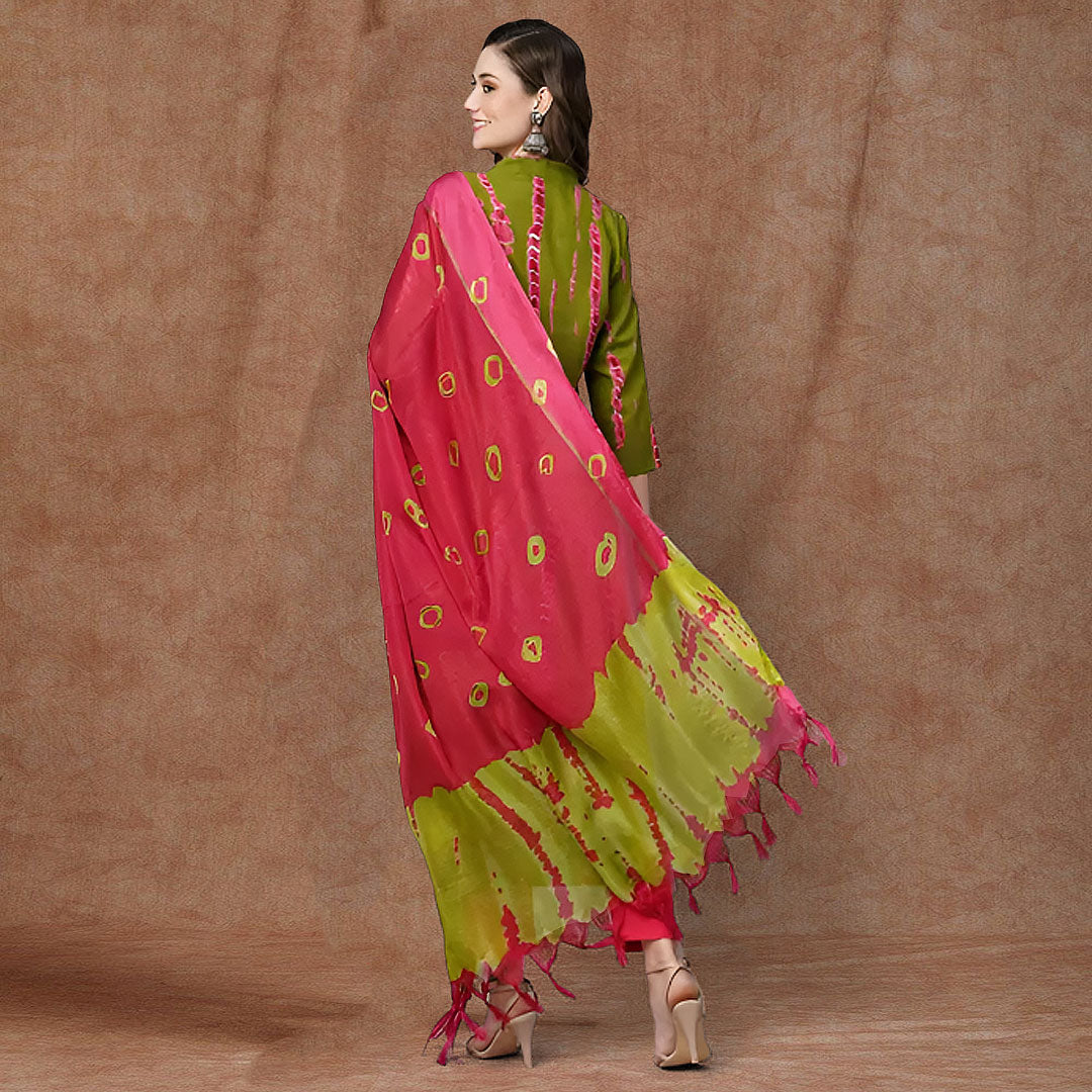 Green V-Neck Printed Poly Rayon Kurta & Pant With Dupatta