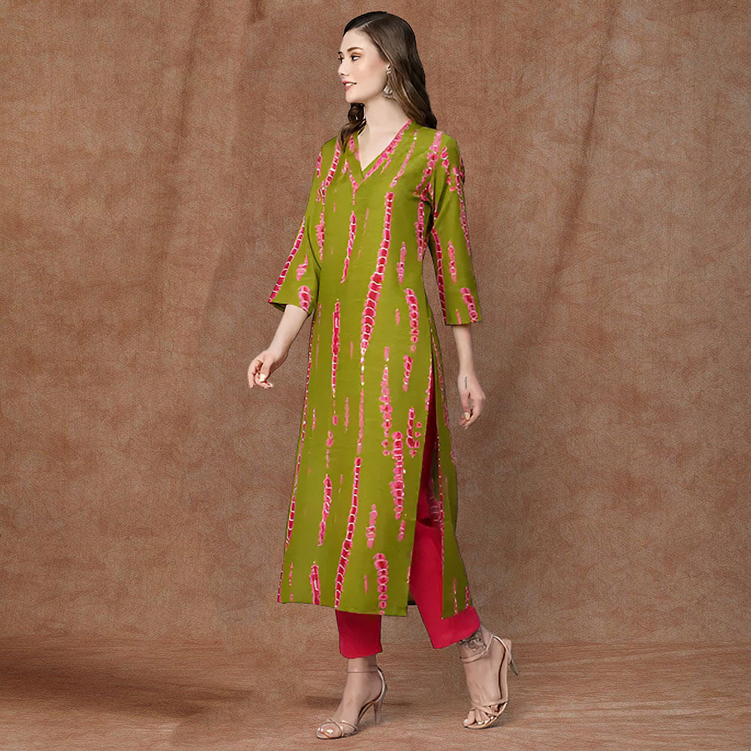 Green V-Neck Printed Poly Rayon Kurta & Pant With Dupatta