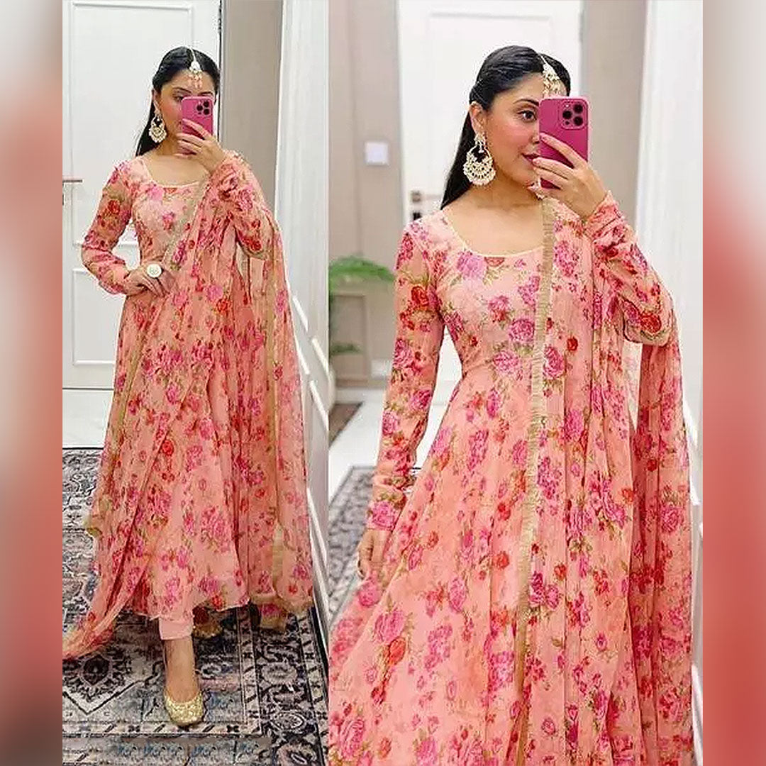 Peach Round Neck Floral Print Georgette Kurta With Dupatta