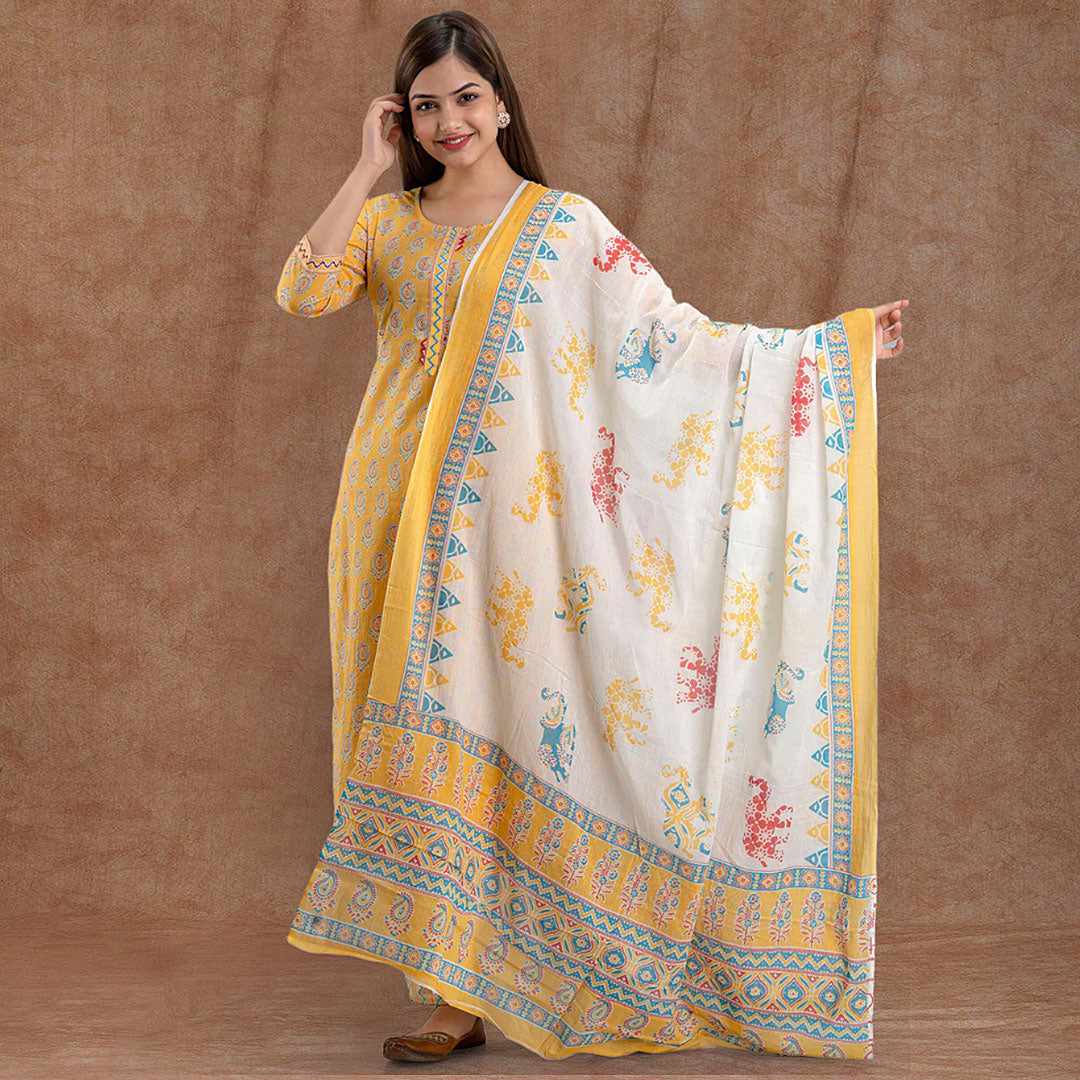 Mustard Boat Neck Printed Poly Rayon Kurta & Pant With Dupatta