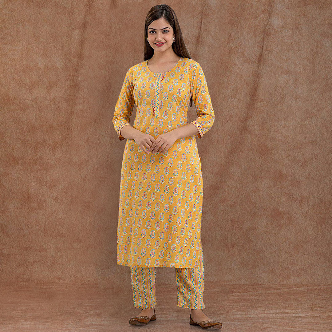 Mustard Boat Neck Printed Poly Rayon Kurta & Pant With Dupatta