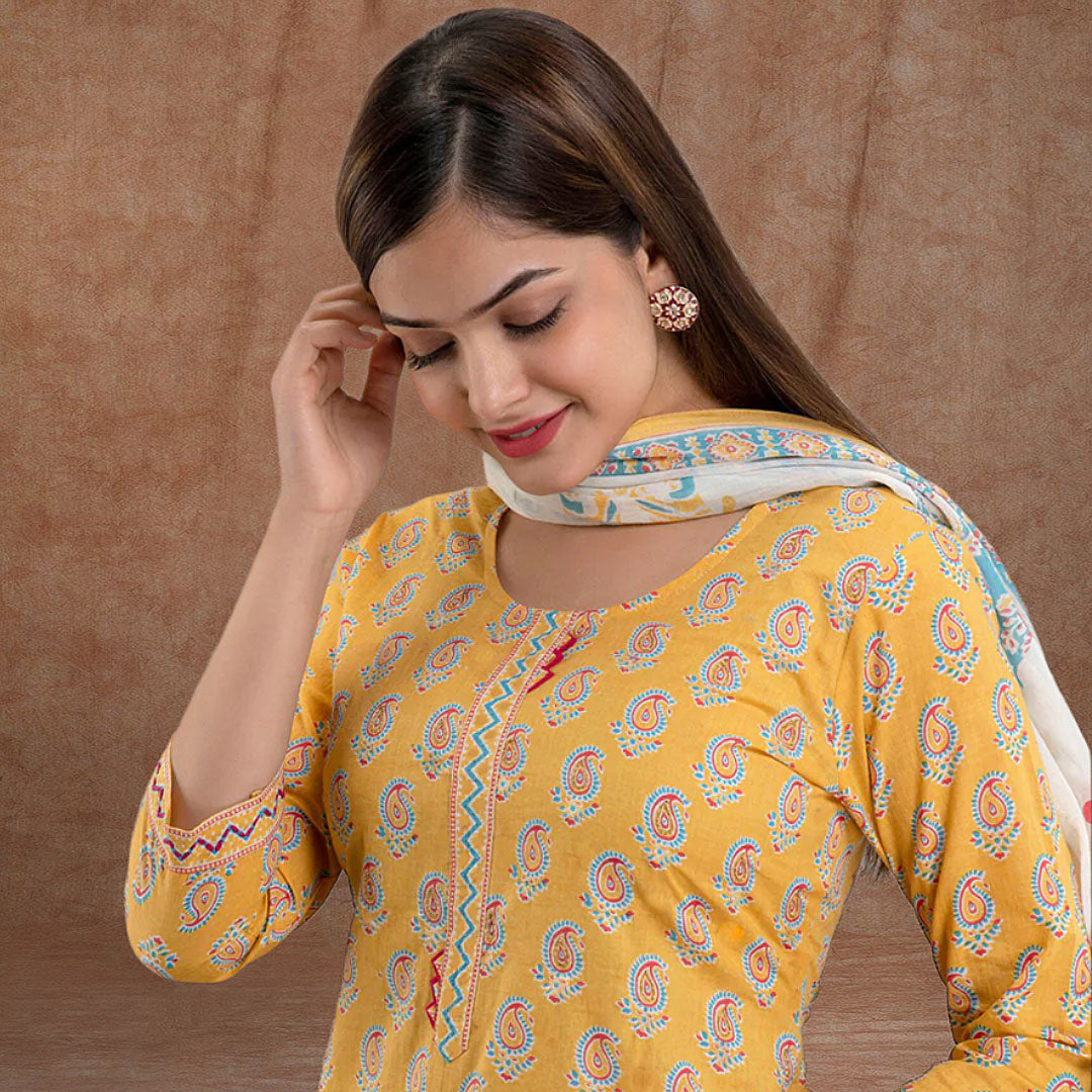 Mustard Boat Neck Printed Poly Rayon Kurta & Pant With Dupatta