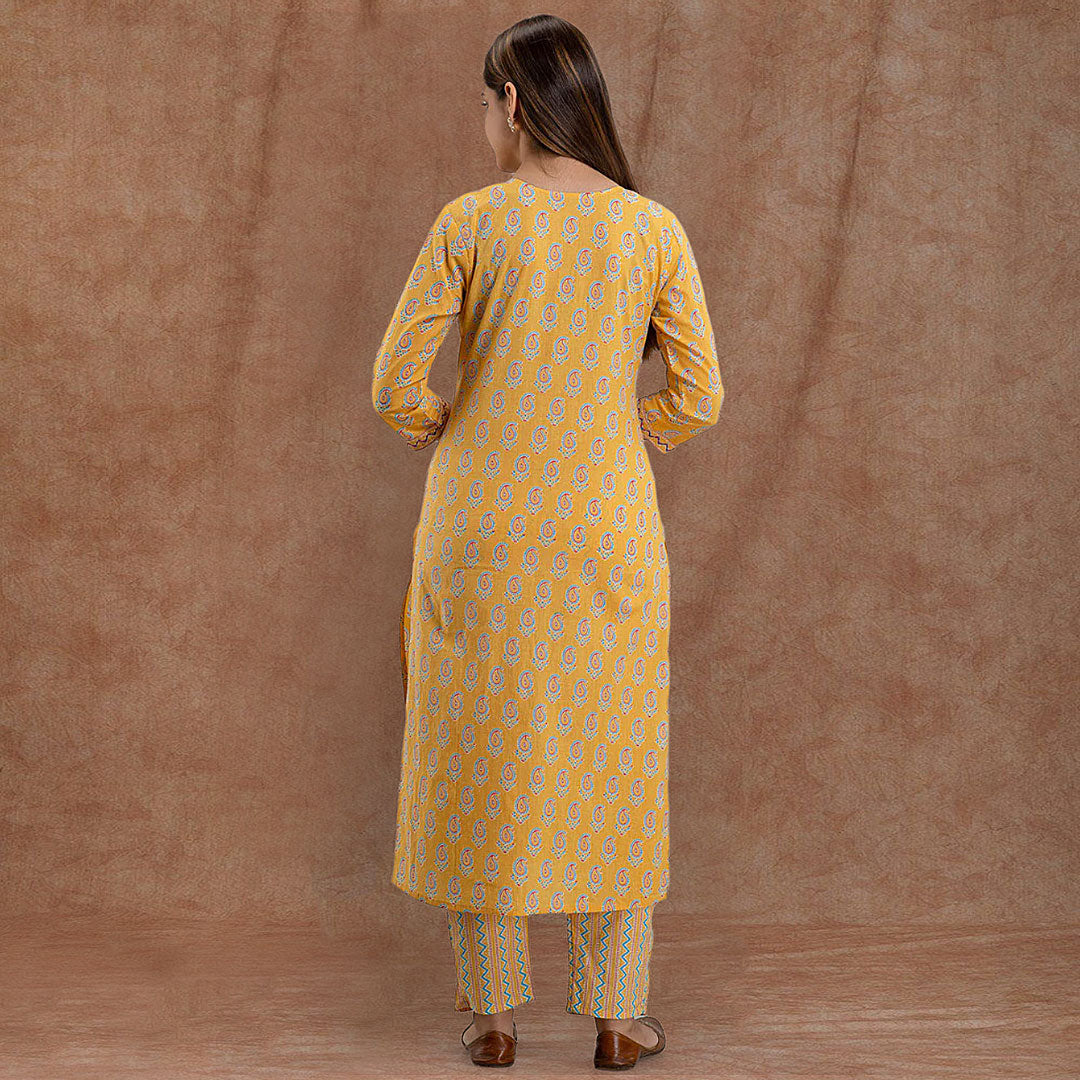 Mustard Boat Neck Printed Poly Rayon Kurta & Pant With Dupatta