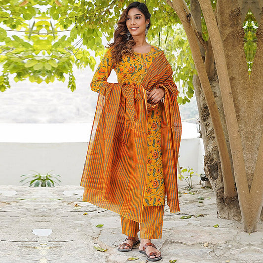 Mustard Boat Neck Floral Print Poly Rayon Kurta & Pant With Dupatta