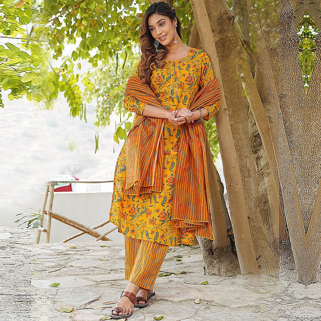 Mustard Boat Neck Floral Print Poly Rayon Kurta & Pant With Dupatta