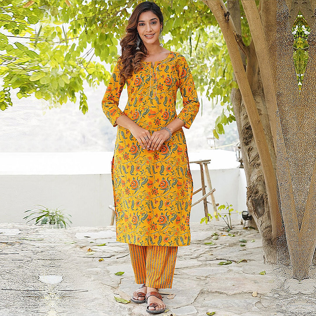 Mustard Boat Neck Floral Print Poly Rayon Kurta & Pant With Dupatta