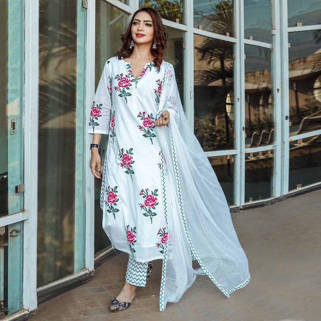 White V Neck Floral Print Poly Rayon Kurta & Pant With Dupatta