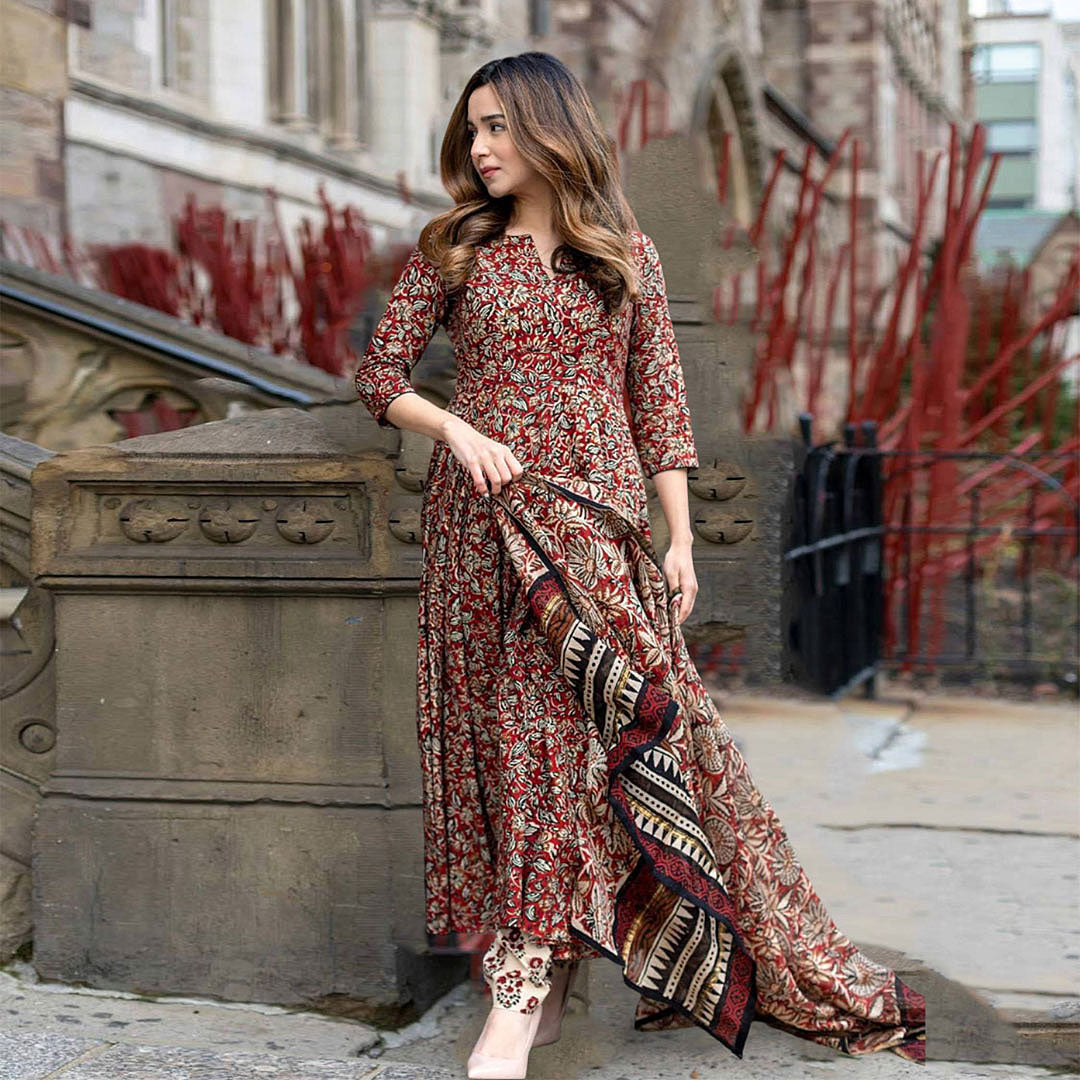 Maroon Floral Printed Notch Neck Anarkali Kurta with Trouser & Dupatta