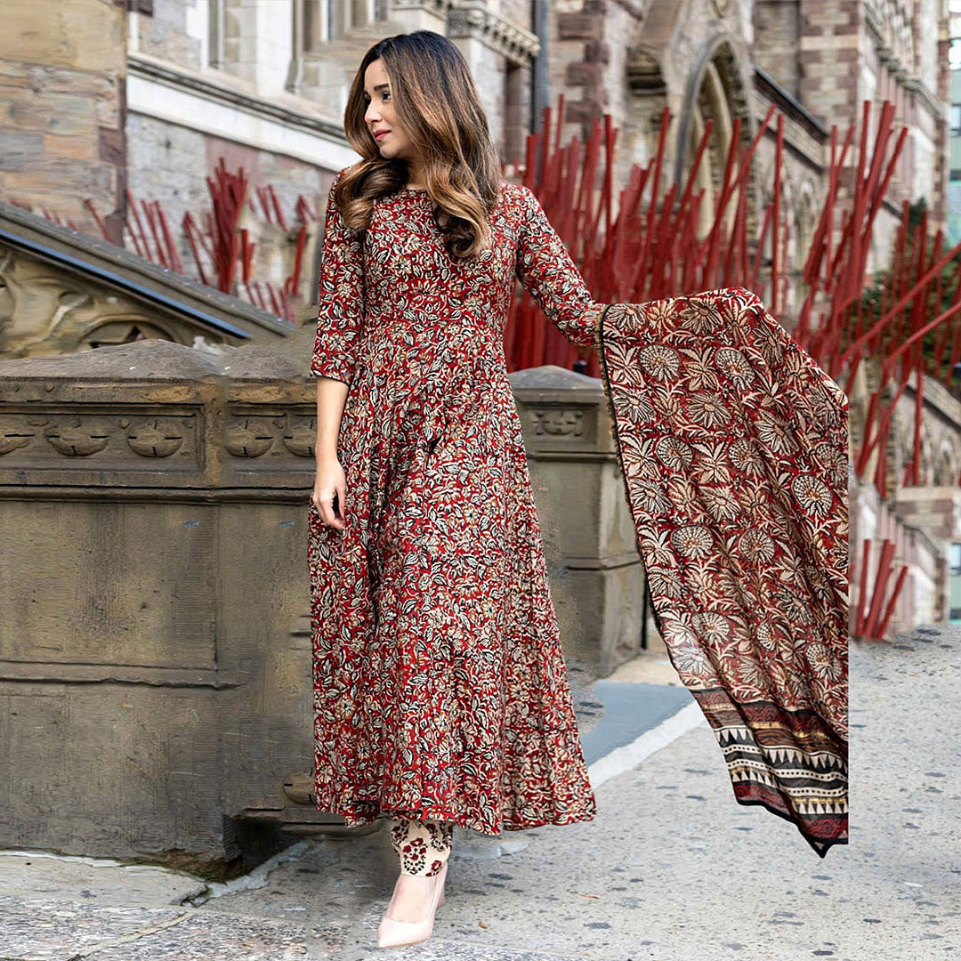 Maroon Floral Printed Notch Neck Anarkali Kurta with Trouser & Dupatta