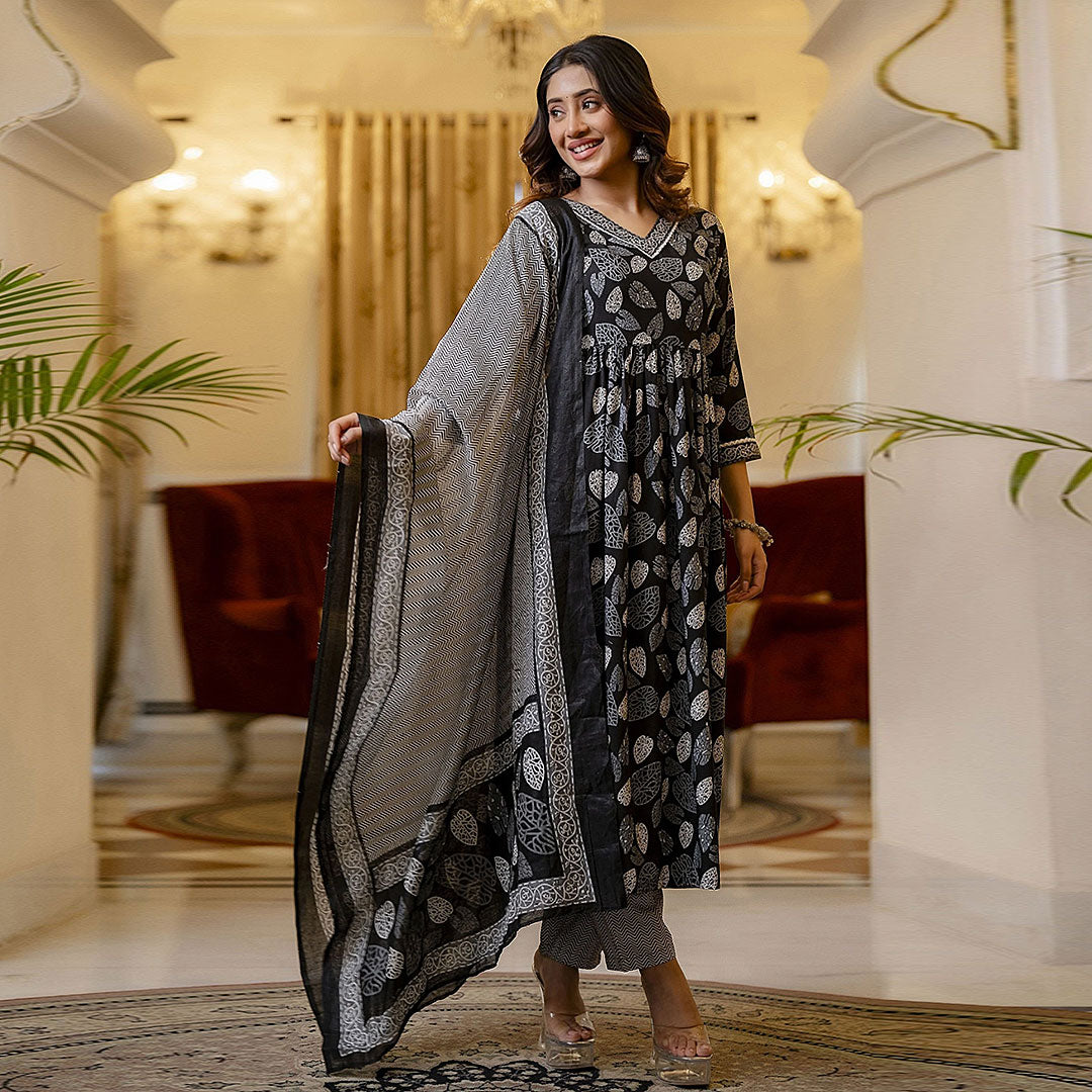 Black & White Tropical Printed V-Neck Anarkali Kurta with Trousers & Dupatta