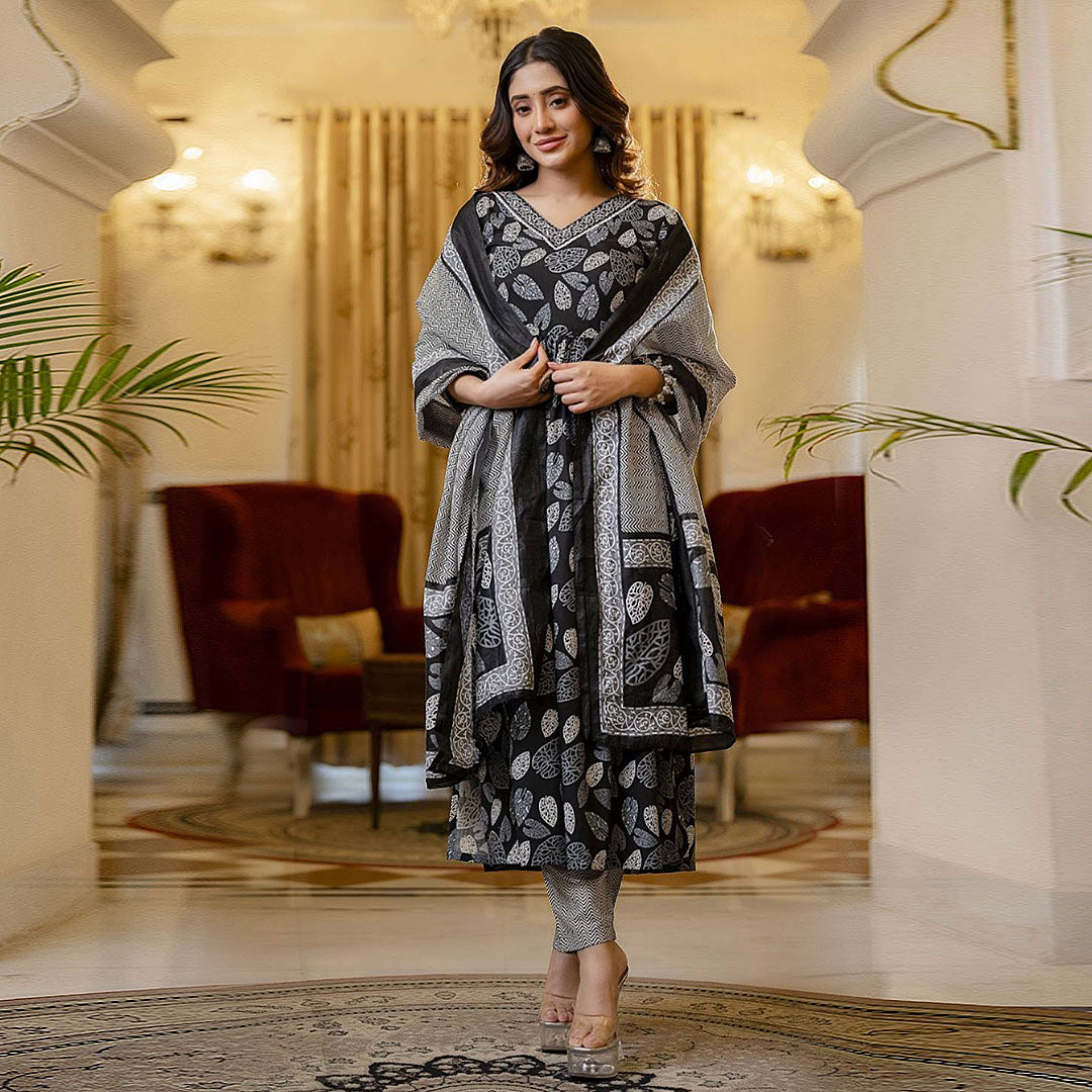 Black & White Tropical Printed V-Neck Anarkali Kurta with Trousers & Dupatta