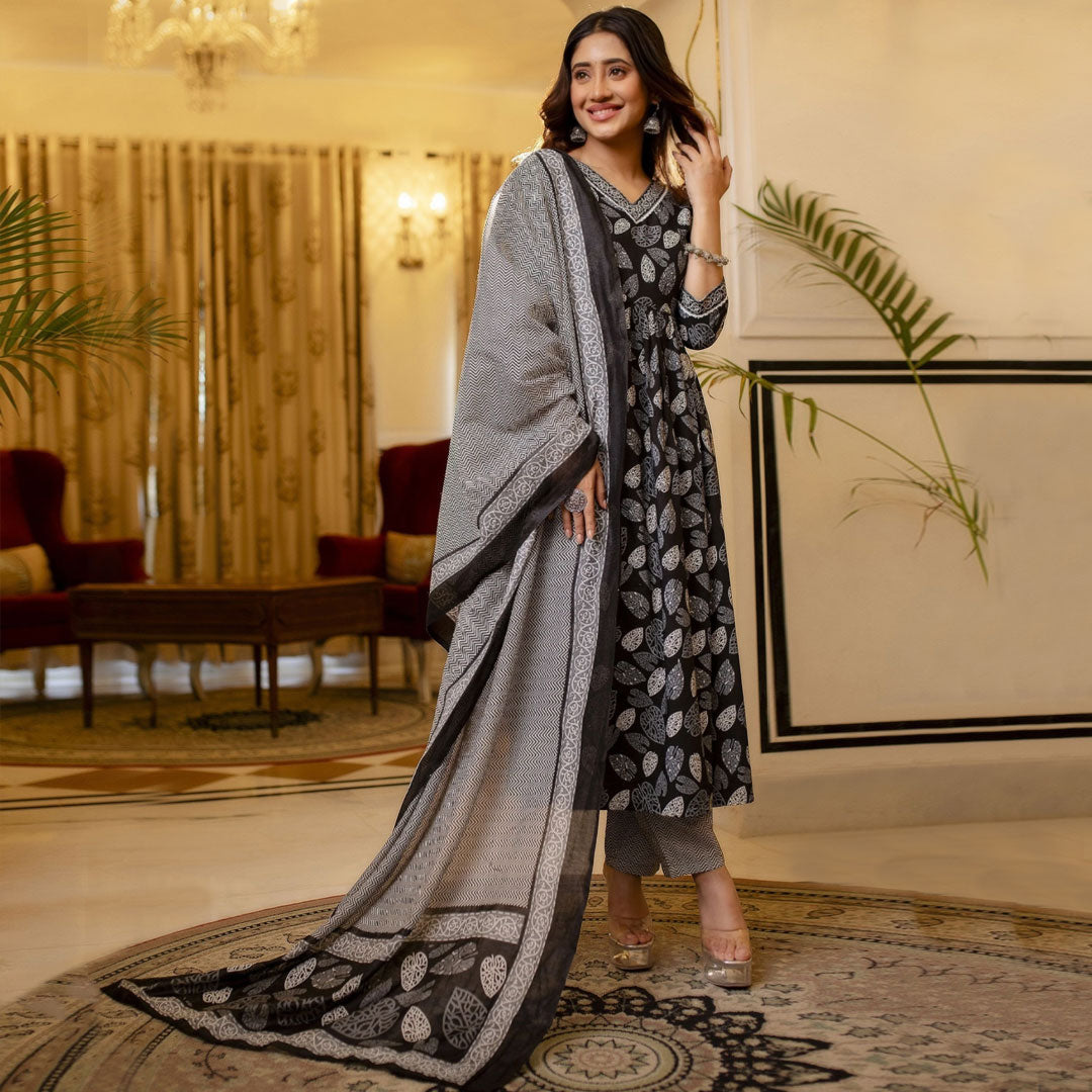 Black & White Tropical Printed V-Neck Anarkali Kurta with Trousers & Dupatta