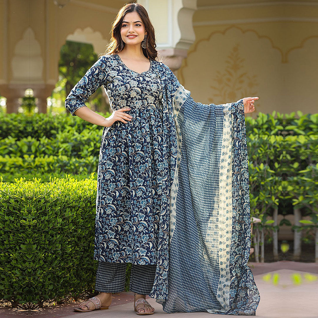 Floral Printed Regular Anarkali Kurta with Pant & Dupatta