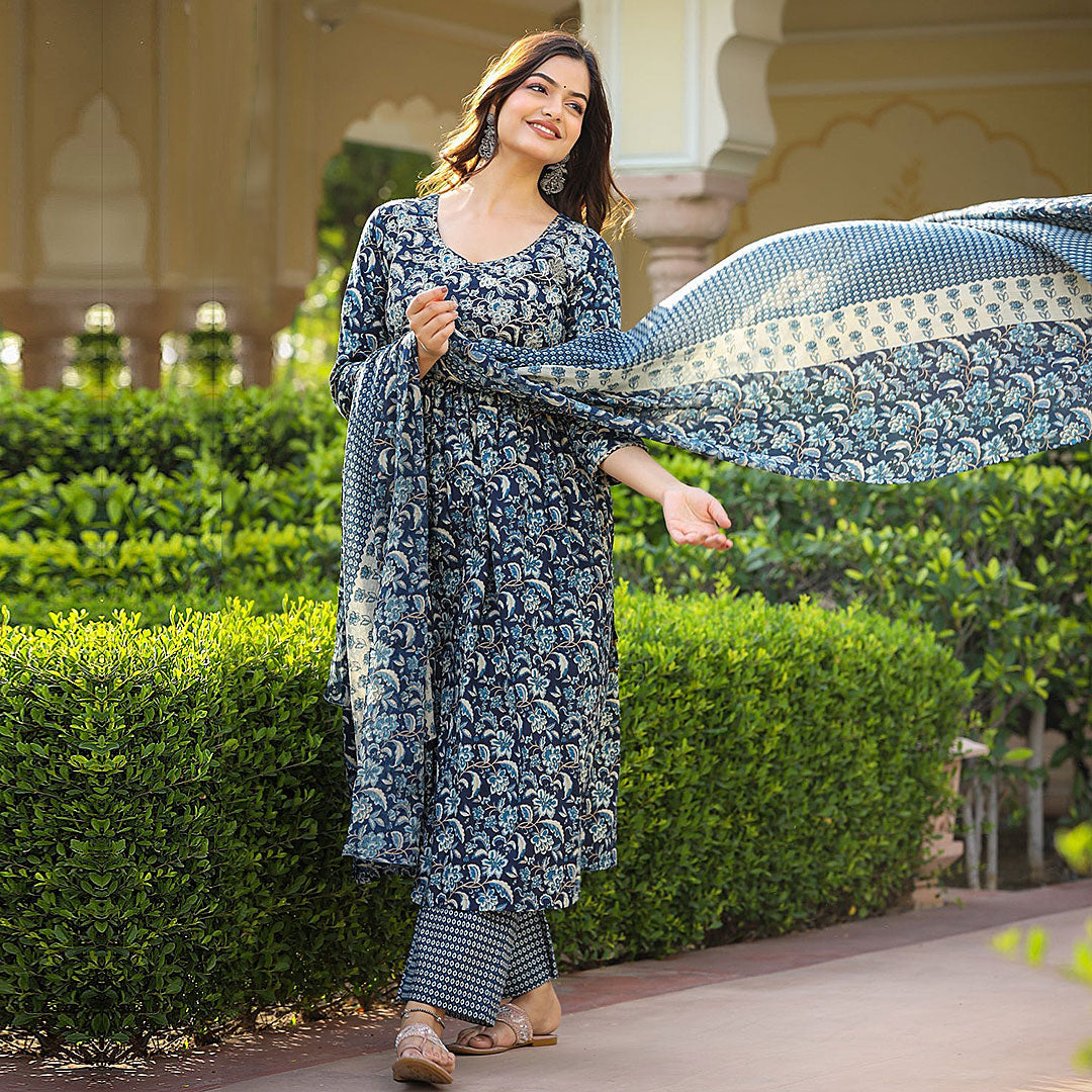 Floral Printed Regular Anarkali Kurta with Pant & Dupatta