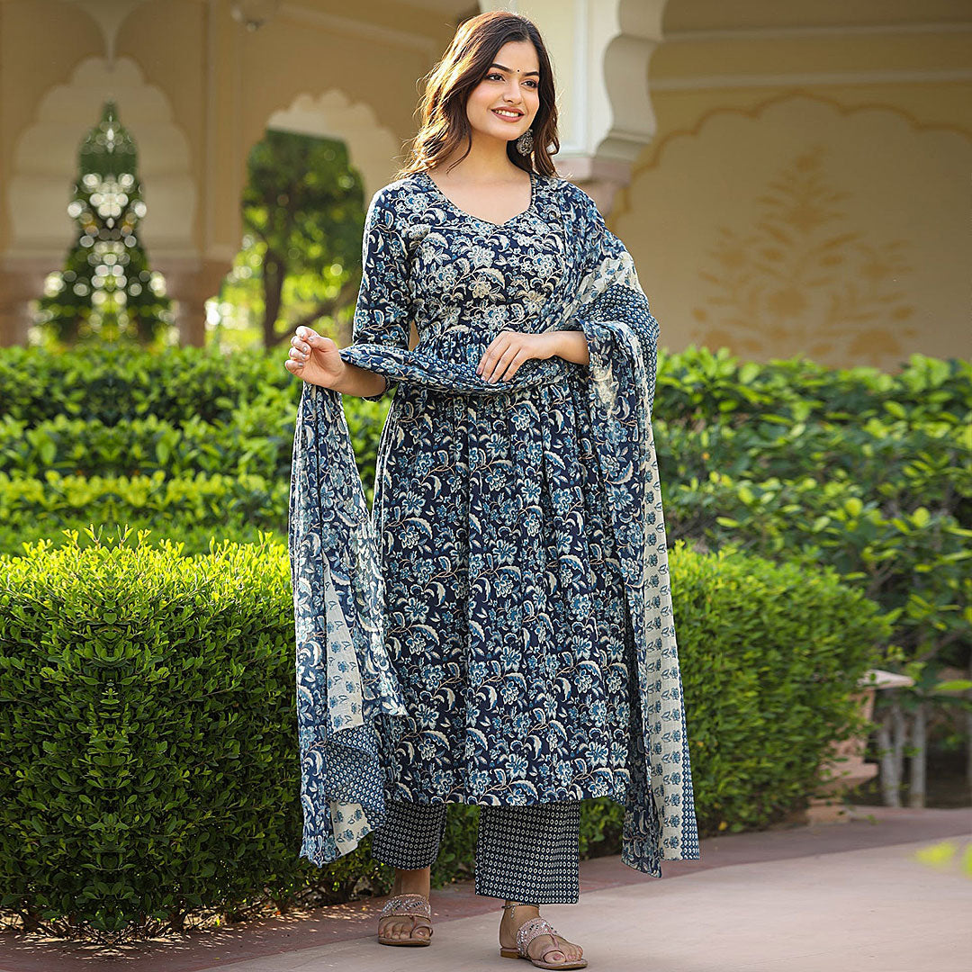 Floral Printed Regular Anarkali Kurta with Pant & Dupatta