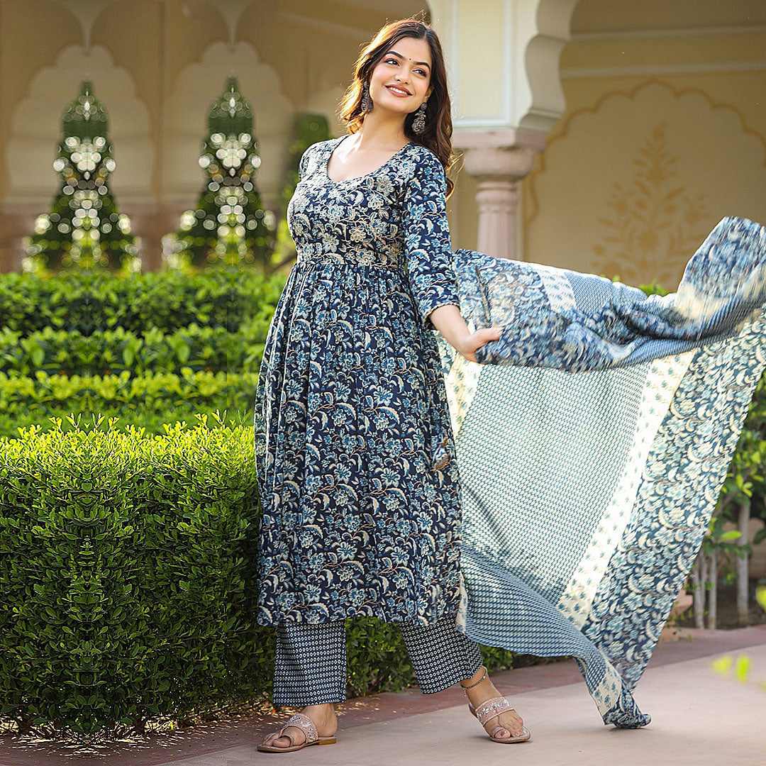 Floral Printed Regular Anarkali Kurta with Pant & Dupatta