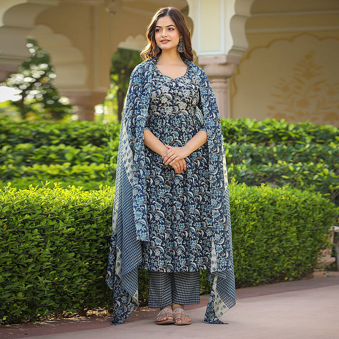 Floral Printed Regular Anarkali Kurta with Pant & Dupatta