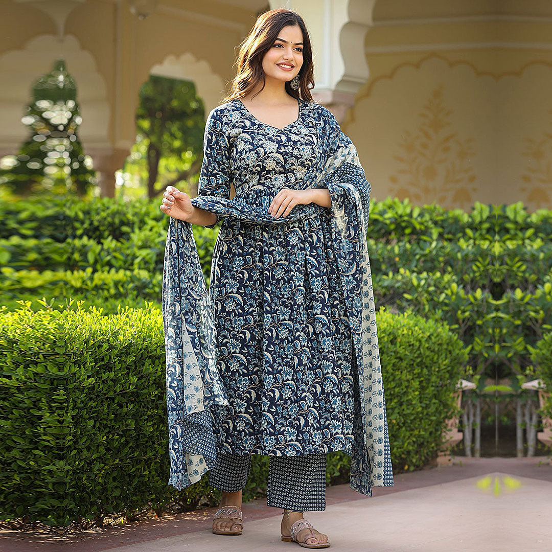 Floral Printed Regular Anarkali Kurta with Pant & Dupatta