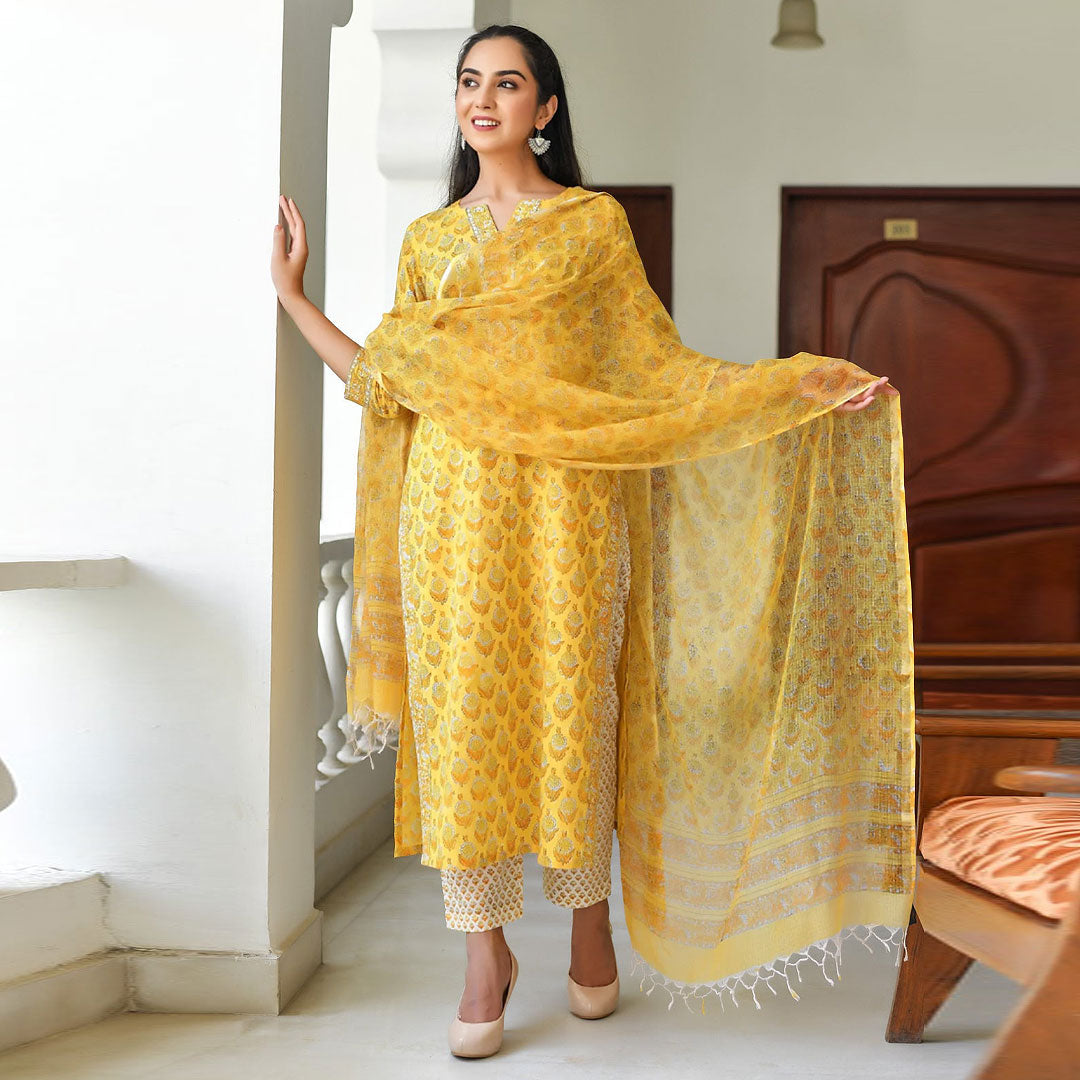 Mustard V Neck Floral Print Poly Rayon Kurta & Pant With Dupatta