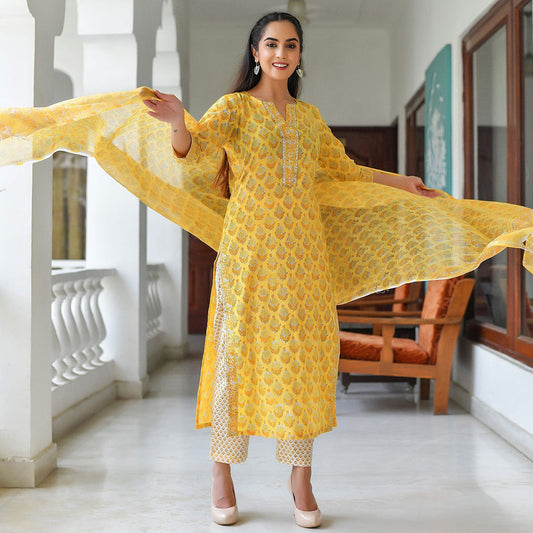 Mustard V Neck Floral Print Poly Rayon Kurta & Pant With Dupatta