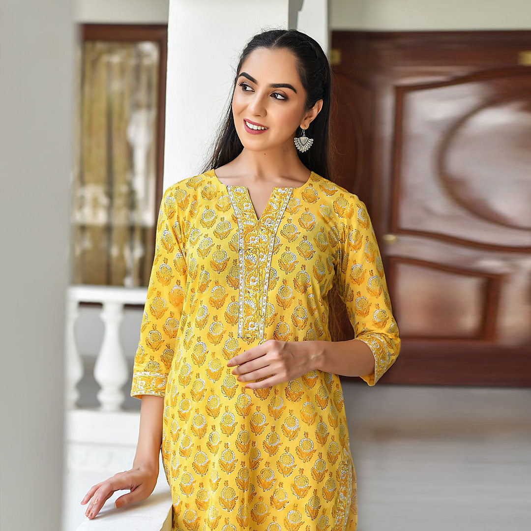 Mustard V Neck Floral Print Poly Rayon Kurta & Pant With Dupatta