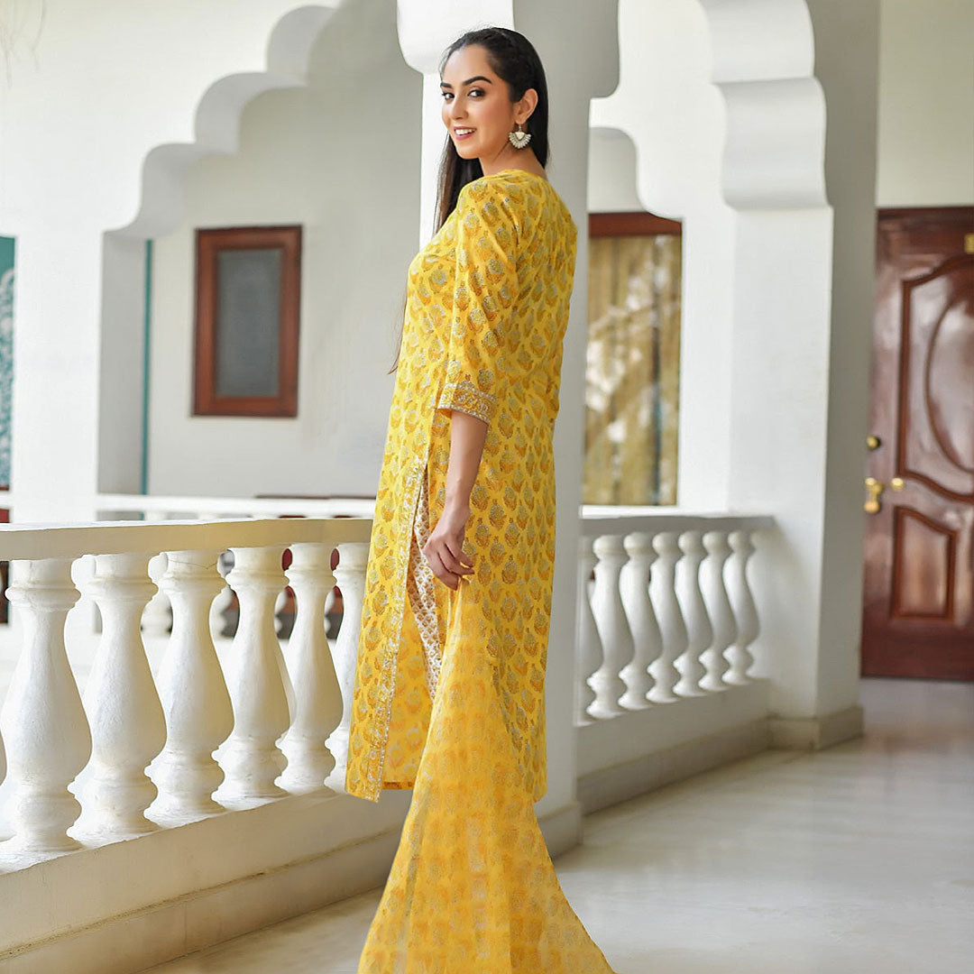 Mustard V Neck Floral Print Poly Rayon Kurta & Pant With Dupatta