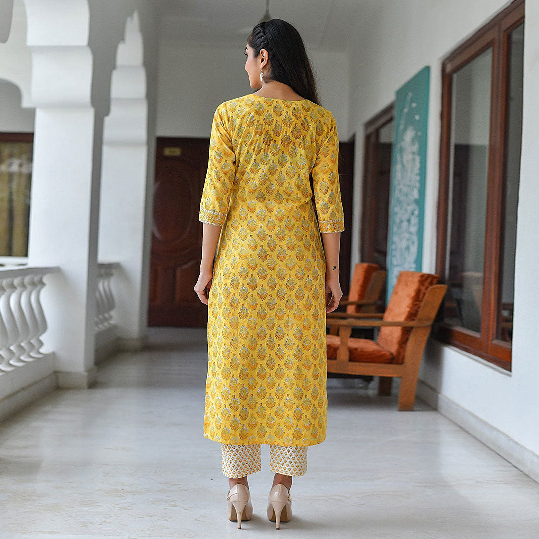 Mustard V Neck Floral Print Poly Rayon Kurta & Pant With Dupatta