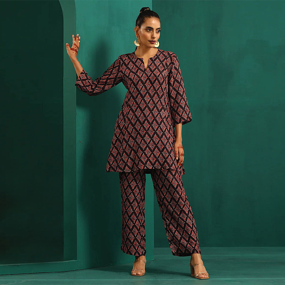 Coffee V-Neck Floral Print Poly Rayon Kurta & Pant