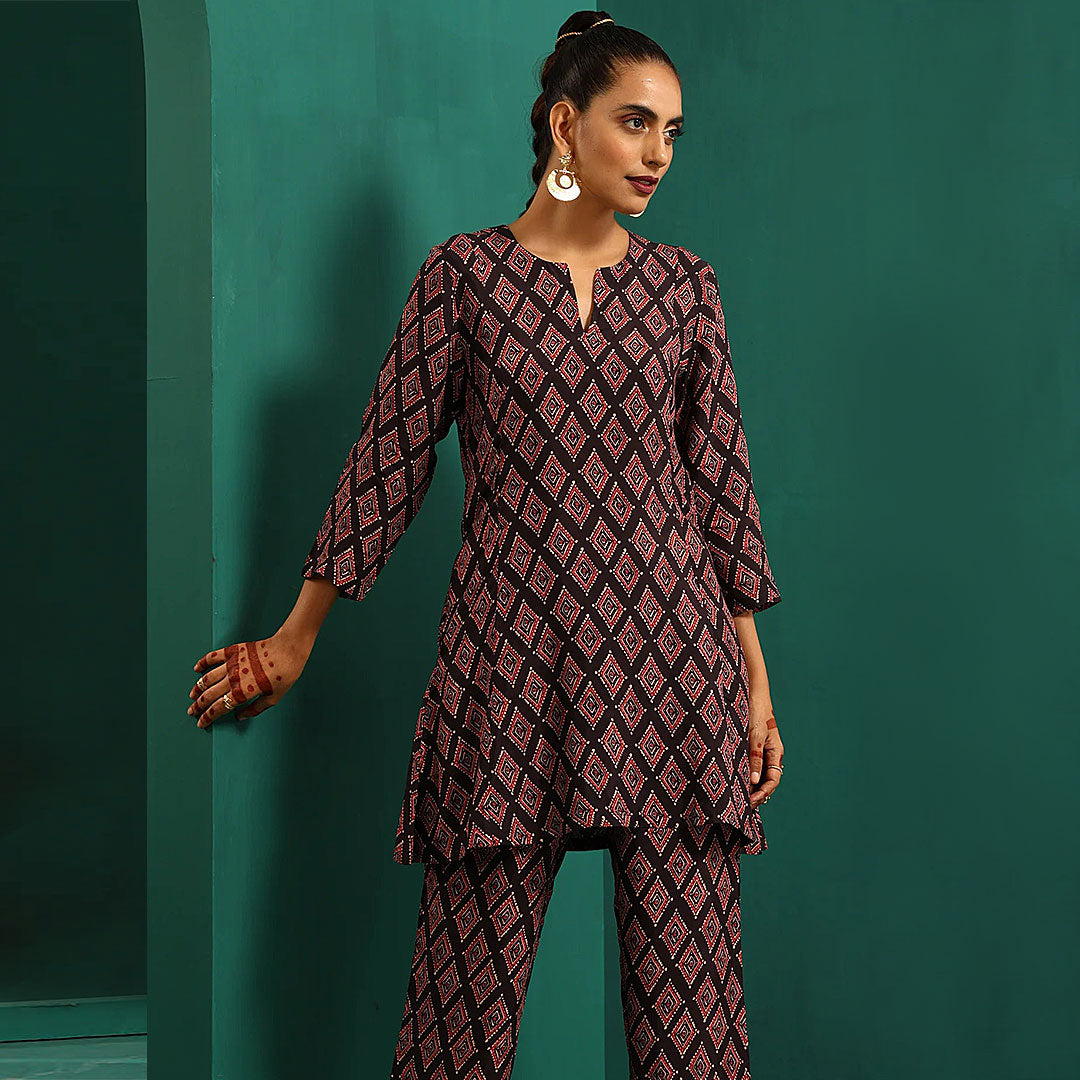 Coffee V-Neck Floral Print Poly Rayon Kurta & Pant